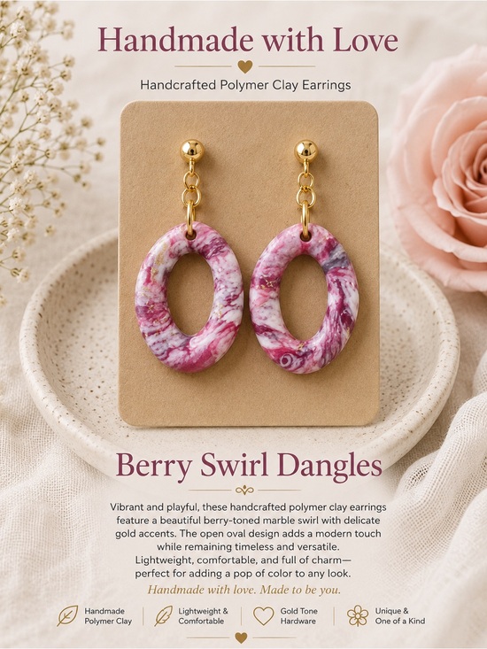 Handmade Jewelry - Berry Swirl Open Oval Drop Earrings with Gold Accents - Pink Marble